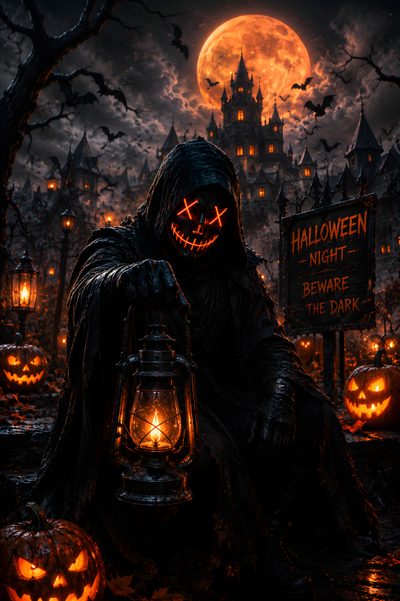 a halloween scene with pumpkins, jack - o'- lanterns and a ghost Halloween Mask Happy Halloween Gif, Halloween Party Poster, Halloween Outside, Halloween Gif, black