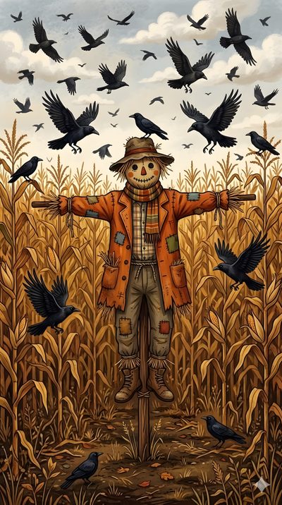 a scarecrow standing in the middle of a cornfield with crows flying around him Halloween Scarecrow Crow Painting, Scarecrow, sienna