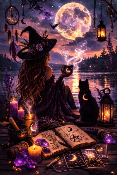 a woman sitting on top of a wooden deck next to a cat and lantern in the sky Beautiful Halloween Witch Witches Animated, Nature Witch Aesthetic, Magic Witchcraft, dark slate gray