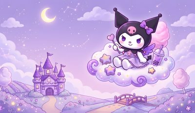 a cartoon cat is sitting on top of a cloud with a castle in the background Desktop Kuromi Halloween Desktop Kuromi Desktop Hd, Kuromi Aesthetic, Kuromi, Pc, Desktop, Art Painting, plum