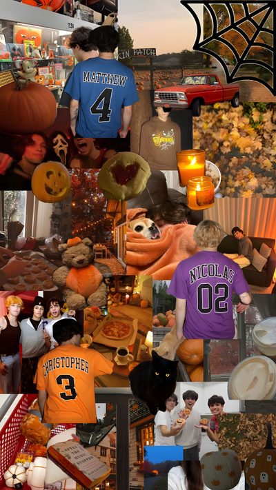 a collage of photos with people dressed in halloween costumes and pumpkins on them Sturniolo Halloween Autumn Halloween Collage, Cozy Fall Aesthetic, Fall Photo Inspiration, saddle brown