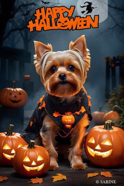 a small dog wearing a black shirt and pumpkins Yorkie Halloween Happy Halloween Dog Pictures, Dog Halloween Pictures, Cute Halloween Dogs, dark slate gray
