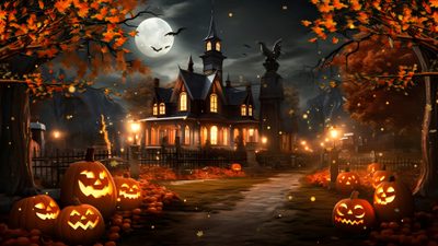 a halloween scene with pumpkins on the ground Halloween Village 4k Halloween Background 1920x1080, Halloween City Background, Spooky Halloween Village Scene, dark slate gray