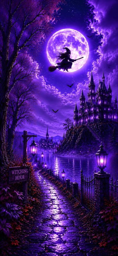 a painting of a witch flying over a castle at night Halloween Purple Witch Purple Halloween, Witch Cottage, Haunted Castle, Ghost Ship, Gothic, midnight blue