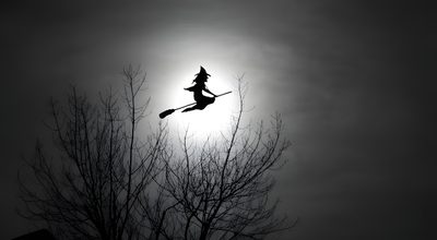 a black and white photo of a witch flying in the sky Halloween Facebook Cover Witch Flying Into Tree, Broom Flying Aesthetic, Share Icon Youtube, dark slate gray