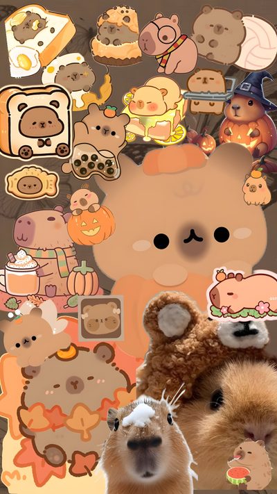 two stuffed animals are standing next to each other in front of a collage of teddy bears Cute Capybara Halloween Funny Lockscreen, Wildlife Decor, Cute Backgrounds, Nature Aesthetic, Nature, peru