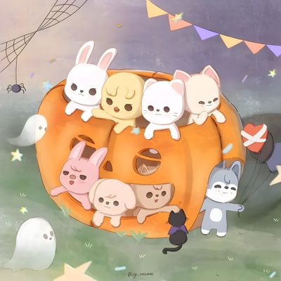a group of cats sitting on top of a pumpkin in front of some bats and bunnies Skz Halloween Laptop Cool Pictures, Kids Zoo, Iphone Girly, Kids, Halloween Kids, Boy Groups, rosy brown