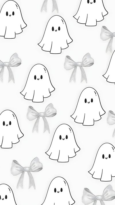 a bunch of little ghost faces on a gray background with a bow in the middle Black And White Halloween Skulls In Bow Preppy Ghost, Aesthetic Ghost, White Halloween Aesthetic, white smoke