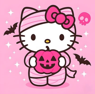 a hello kitty holding a pumpkin with a skull on it's chest and wearing a pink hat Pink Pink Hello Kitty Halloween Cute Halloween Cartoon Design, Halloween Party Decoration Ideas, Hello Kitty Mummy Costume,