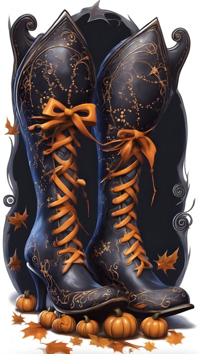 a pair of black boots with orange laces and pumpkins on the ground next to it Halloween Retro Shoes With Pumpkins Wiccan Witch, Halloween Mantle, Witchy, Vibes Art, dark slate gray