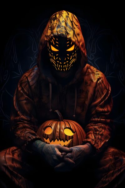 a person in a pumpkin costume holding a jack - o'- lantern with glowing eyes Halloween Iphone For Boys Dark Angel, New, Anime Background, Halloween Art, Phone, Angel, black