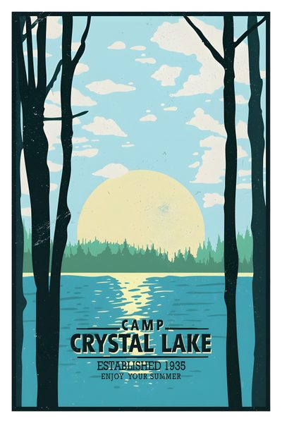 a camp crystal lake poster with trees and water in the foreground, under a cloudy sky Camp Crystal Lake Halloween Camp Crystal Lake Background, Crystal Lake Art, Jason Voorhees Camp Crystal Lake Tattoo, silver