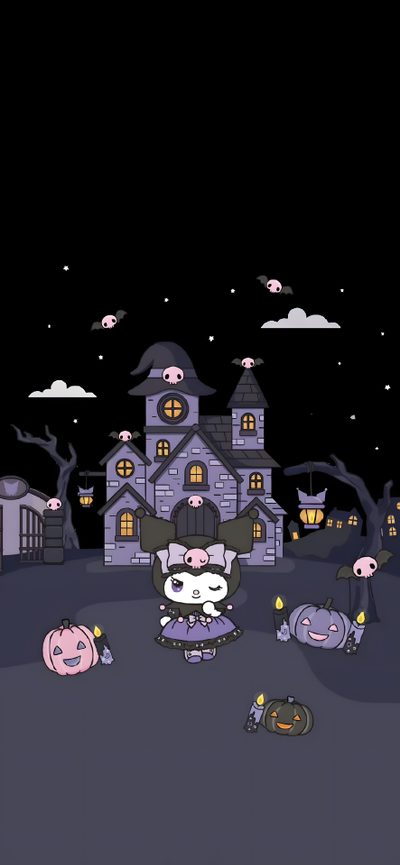 an animated halloween scene with cats and pumpkins in front of a house at night Kuromi Halloween Iphone Kuromi Ungu, Kuromi Halloween Iphone, Kuromi Phone, Cute Kuromi, Kuromi Witch, black