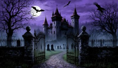 an image of a scary castle with bats flying in the sky and graveyards on the ground Halloween Castle Background Creepy Castle Background, Haunted Castle Night View, Scary Castle Background, dark slate gray