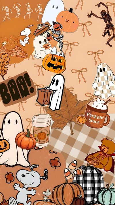 an animated halloween scene with pumpkins and ghostes Preppy For Halloween Fall Spooky Aesthetic, Fall For Boys, Cute Halloween, dark salmon