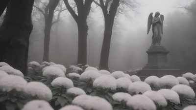 an angel statue in the middle of a park filled with snow covered flowers and trees Gothic Halloween All Gray Grey By Angel Desktop Goth, Grey Discord Banner, Angel Laptop,