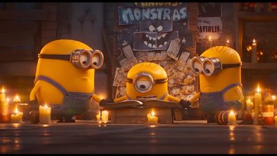 three minions from the movie despicable memes surrounded by candles Minions Halloween Minions Lab Scene, Minions Pixar, Bob From Minons, Minions Watching Tv, dark olive green