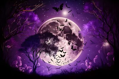 a full moon with bats flying in the night sky over trees and bushes, against a purple background Halloween Bat Moon Purple Large Cute Drawings, Drawings, midnight blue