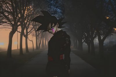 a person standing in the middle of a road at night with trees on both sides Goku Black Halloween 4k Goku Black With The Mask, Goku Black 1920x1080, Goku Black Alone, dark slate gray