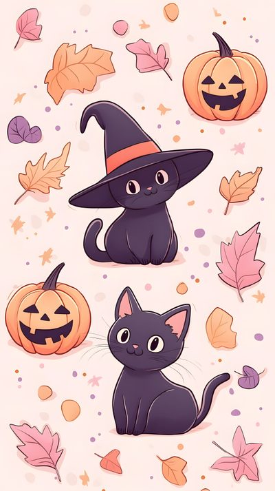 a black cat sitting next to two pumpkins Kawaii Halloween Halloween Kawaii Cute Black Cat Cute Cat Halloween Cartoon, Halloween Kawaii Cute Black Cat, Kawaii Cute Halloween Cat, linen