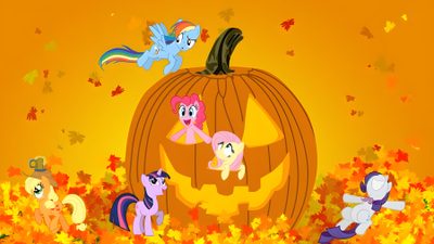 an animated pumpkin with many ponies around it My Little Pony Halloween Fall Ball, Religious Freedom, Halloween, Rainbow Dash, Fluttershy, dark orange