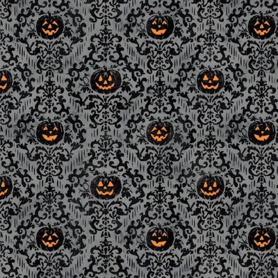 a black and orange halloween wallpaper with pumpkins in the center, on a gray background Damask Halloween Spooky Damask Pattern, Spooky Damask, Spooky Damask Fabric, dim gray