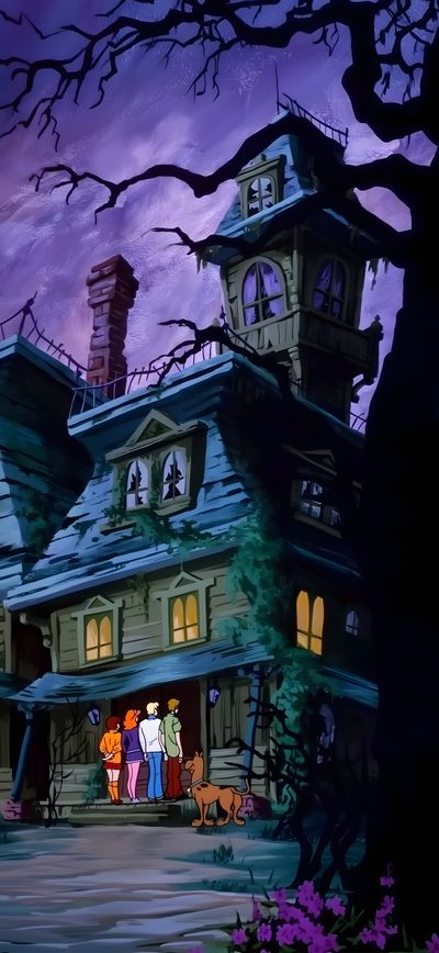 an animated house with people standing in front of it and trees around the house at night Cartoon Network Halloween Scooby Doo Spooky Island, Scooby Doo Haunted House Cartoon, Scooby Doo Cartoon Background, dark slate gray