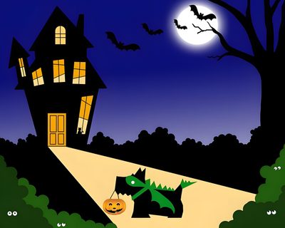an image of a halloween scene with a cat and dragon in front of a house Halloween Scottish Terrier Scottish Terrier Background, Radley Dog Logo, Scottish Terrier Ideas, midnight blue