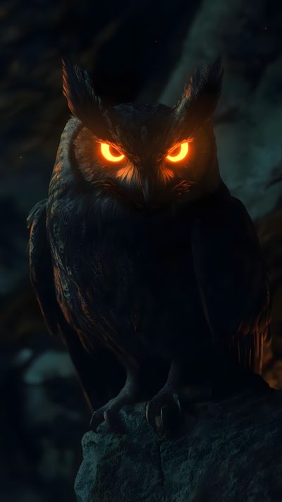 an owl with glowing eyes sitting on a rock Halloween Owl Hd Dark Owl Photography, Dark Owl Red Eyes, Black Owl, Dark Background Owl Image,