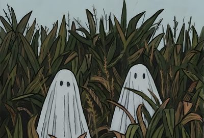 two white ghost figures standing in the middle of tall grass Halloween Ghost Computer Halloween Aesthetic Computer, Desktop Halloween Aesthetic, Halloween Laptop Aesthetic, dark slate gray