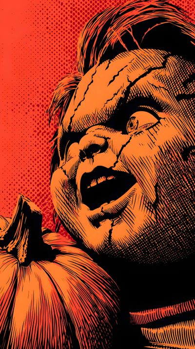 an orange and black drawing of a child with a pumpkin in front of her face Chucky Halloween Horror Fantasy, Indie Drawings, Halloween Horror Movies, Chucky Wall Paper, brown