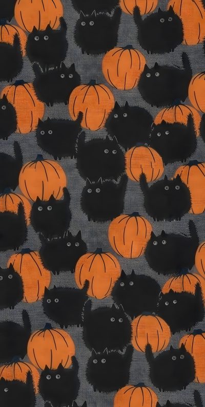 many black cats with orange pumpkins on them are in the middle of a pattern Vintage Halloween Cat Vintage Fall Backgrounds, Quirky Aesthetic, Fall Cat Backgrounds, dark slate gray