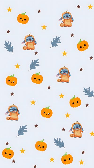 an image of halloween pumpkins and owls on a blue background with stars in the sky Preppy Stitch Halloween Stitch Halloween Background, Cute Fall Stitch, Stitch Fall, lavender
