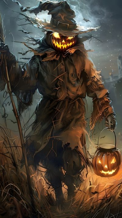 a scarecrow with two jack - o - lanterns in his hands, walking through the grass Halloween Scarecrow Scary Scarecrows, Spooky Scarecrow, Creepy Scarecrow, dark slate gray