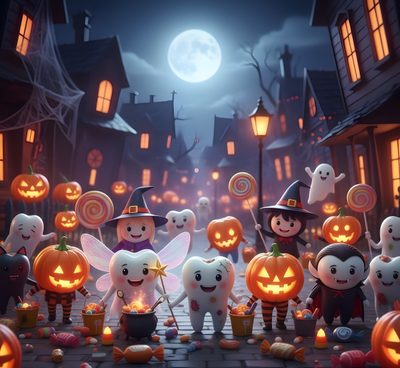a group of halloween characters standing in front of pumpkins Dental Halloween Desktop Halloween Town Dentist, Halloween Teeth, Halloween Dental Humor, dark slate gray