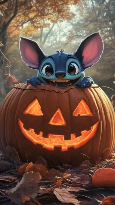 Stitch hiding inside a giant carved pumpkin peeking out with a grin. Cute Halloween Disney Computer Desktop, Pumpkin Carving, Cartoon, Hd, Festival Decorations, dark olive green