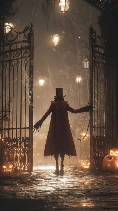 a man in a red coat and top hat walking into an iron gate Halloween Watch Your Back Halloween Iphone, Pumpkin Head, Creepy Dolls, dark olive green