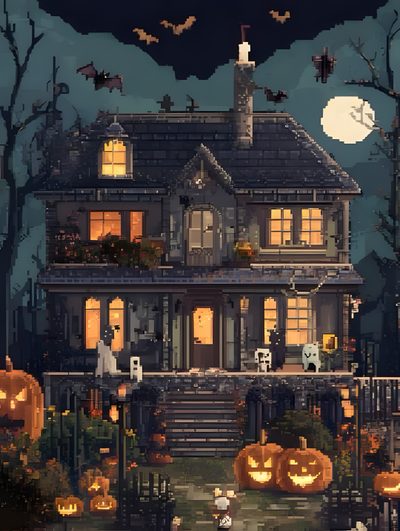 a house decorated for halloween with pumpkins and jack - o'- lanternes Halloween Pixel Art Gif Pixel Pattern, Home, Halloween Art, Haunted House, Pixel Art, dark slate gray