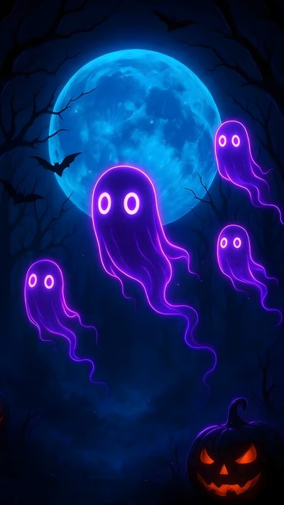 three purple jellyfish floating in front of a full moon with bats and pumpkins Spooky Neon Halloween Fireworks Images, Happy Halloween Pictures, Halloween Backgrounds, midnight blue