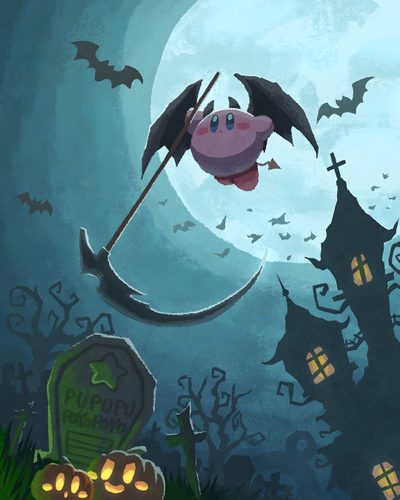 an illustration of a bat flying over a graveyard Kirby Halloween Iphone Kirby Halloween Official Art, Kirby Fall, Kirby Halloween Pfp, dim gray
