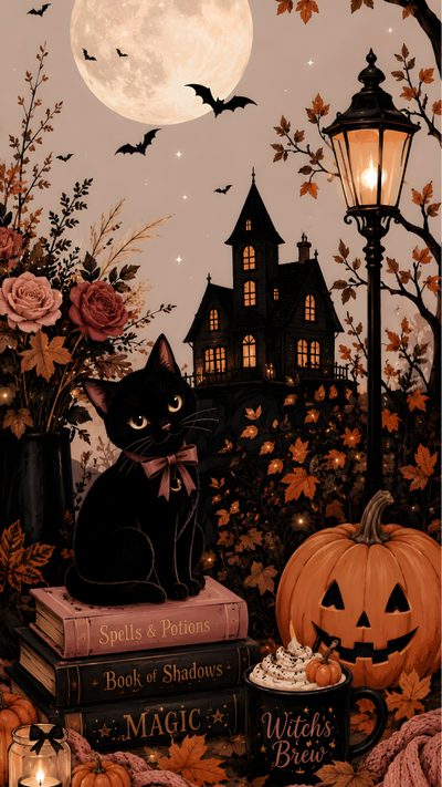 a black cat sitting on top of books next to a lamp post and pumpkins Halloween And Fall Iphone Halloween Theme Background, Cute Halloween For Phone, Aesthetic Halloween, saddle brown