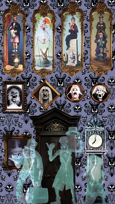 there are many pictures on the wall with different things to see in this photo, Haunted Mansion Halloween Haunted Mansion Door, Haunted Mansion Ideas, Haunted Mansion Halloween, dim gray