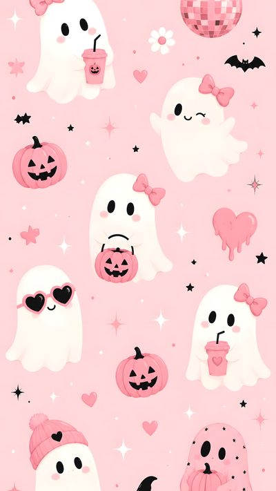 a pink background with ghost and pumpkins on it Pink Halloween Halloween Lock Screen, Pink Pumpkins, Pink Halloween, Kawaii, Halloween, misty rose