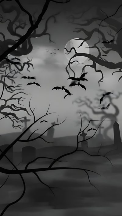 black and white image of bats flying in the night sky over graveyard with tombstones Gothic Halloween Bats Black White Watercolor Phone, Halloween Live, Creepy Backgrounds, dark slate gray