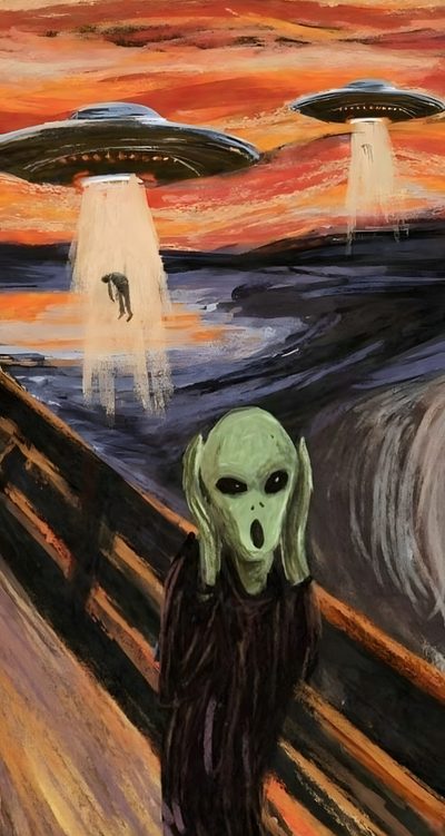an alien is standing in front of a painting Alien Halloween Screaming Alien, The Scream Painting, The Scream Painting Versions, dark olive green