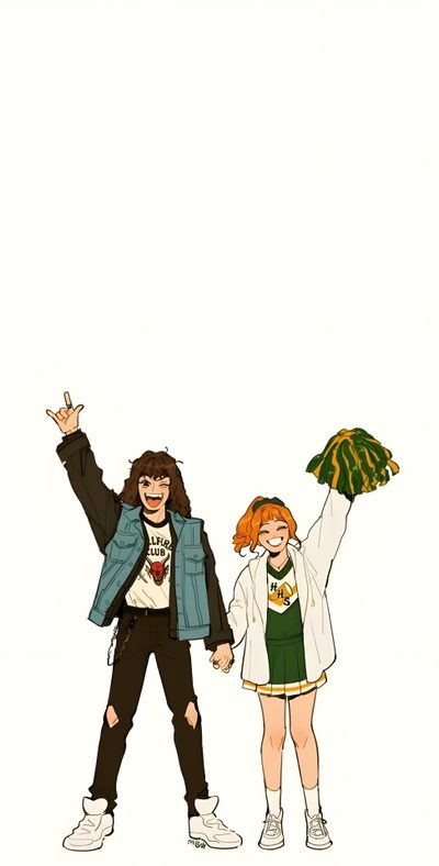 two people standing next to each other with their arms in the air Matching Stranger Things And Halloween Characters Stranger Things Aesthetic Fan Art, Stranger Things Drawing, Cute Stranger Things, snow