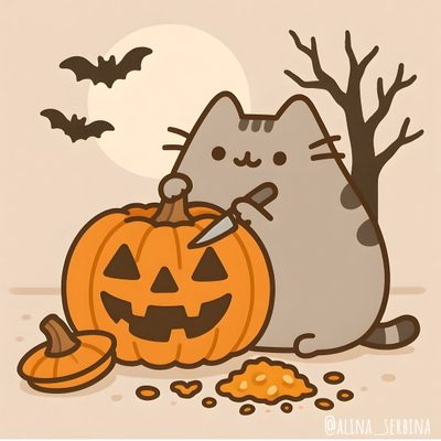 a cat is sitting next to a pumpkin Aesthetic Halloween Pusheen Cute Pumpkin Cat, Don't Touch My Phone Cute, Pusheen Cute, Pusheen Cat, wheat