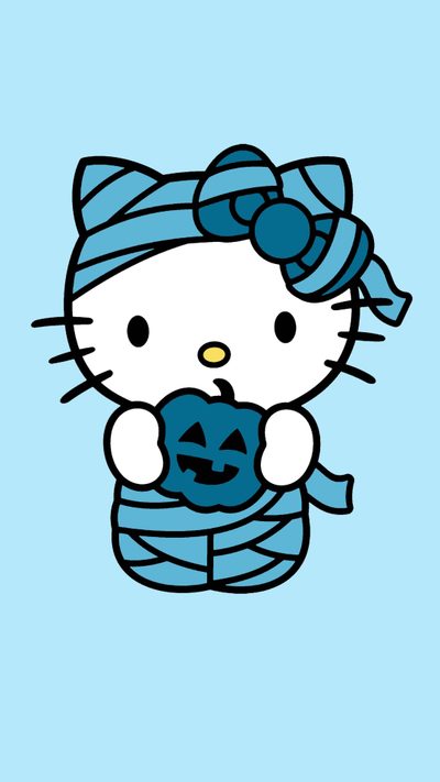 hello kitty holding a jack - o'- lantern in her arms and wearing a blue scarf Blue Hello Kitty Halloween Mummy Hello Kitty Drawing, Blue Halloween Characters, Blue Hello Kitty Halloween, pale turquoise