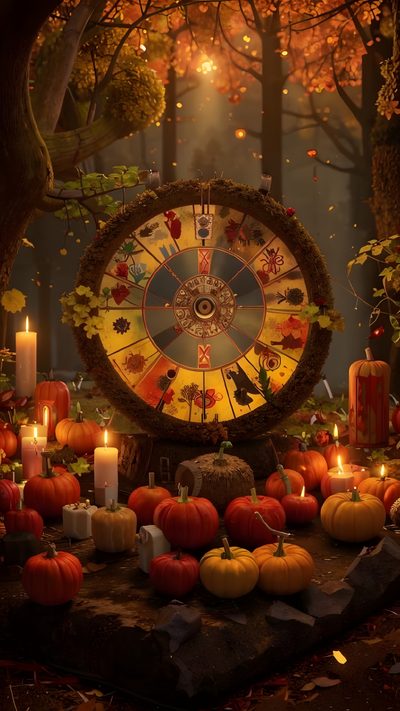a table topped with lots of pumpkins next to candles and an astro wheel in the middle Halloween Celtic Mabon Iphone, Autumn Equinox, Samhain Iphone, Imbolc Screensaver, maroon