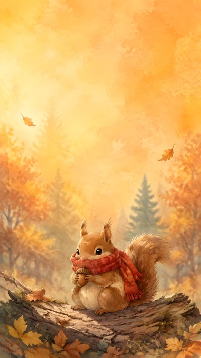 a painting of a squirrel sitting on top of a tree branch with autumn leaves around it Squirrel Halloween Animal Art Prints, Fall Pictures, Halloween Pictures, Autumn Forest, sandy brown